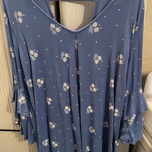 Misia Blue Floral Blouse with Ruffle Sleeves
